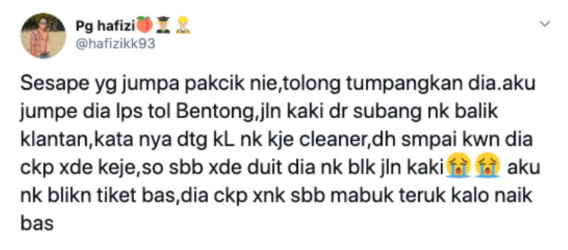 sajagempak.com - Pakcik Terpaksa Jalan Kaki Dari KL Balik Kelantan, Ditipu Rakan Yang Tawarkan Pekerjaan